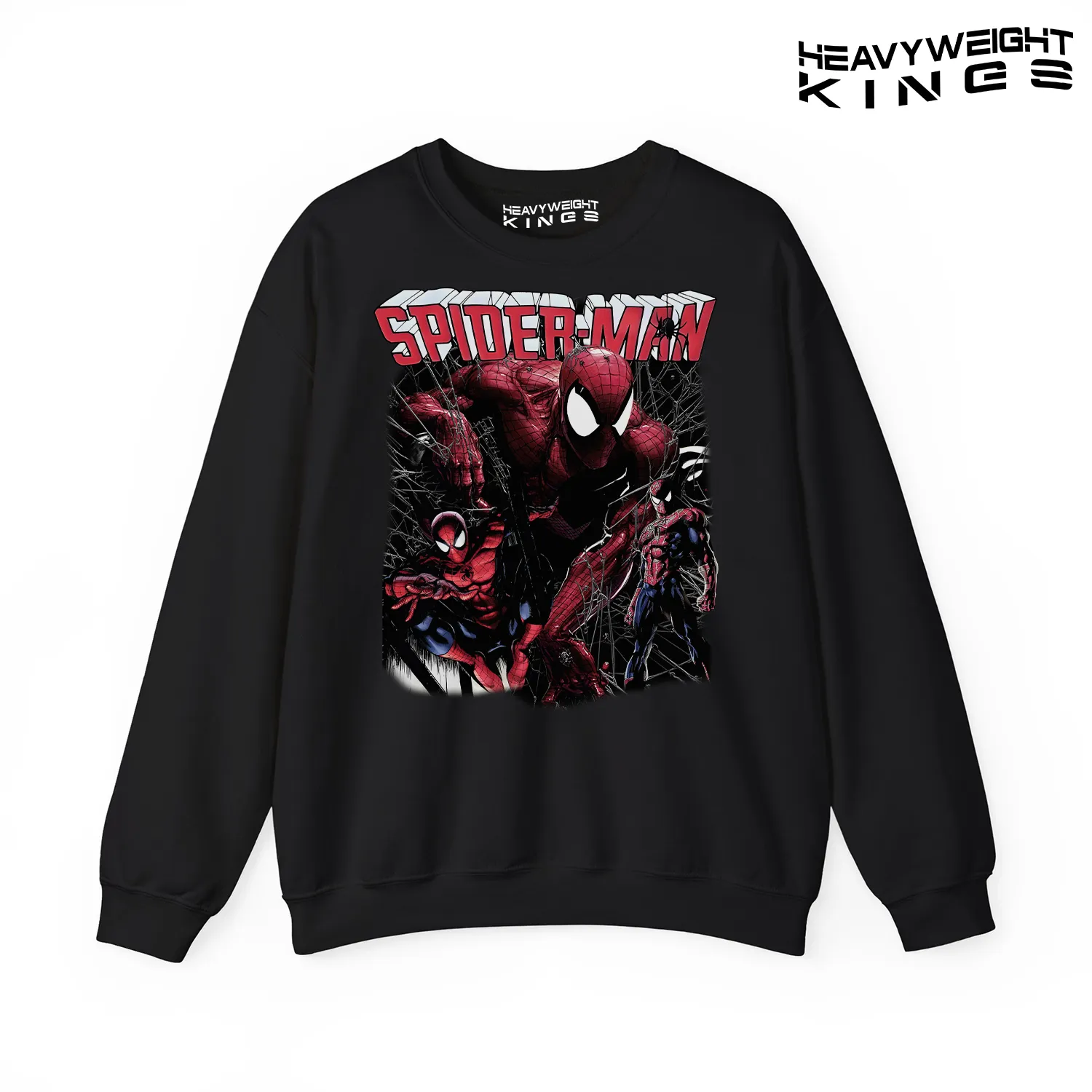 Spiderman Saves the World Sweater featuring a bold graphic of Spiderman in action.