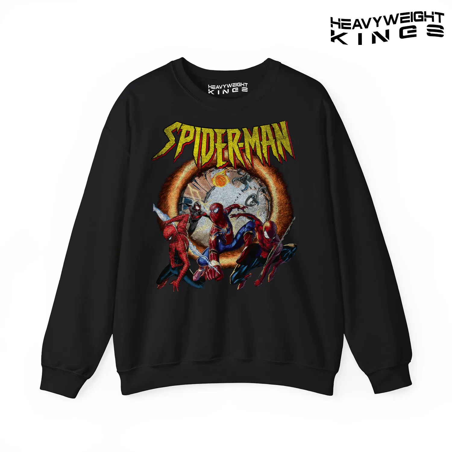 Spiderman Saves the World Sweater Shirt featuring a bold graphic of Spiderman in action.