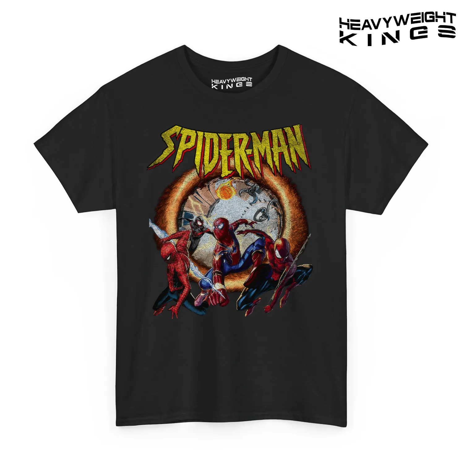 Spiderman T-Shirt in 3 Worlds featuring a bold graphic of Spiderman from multiple universes.