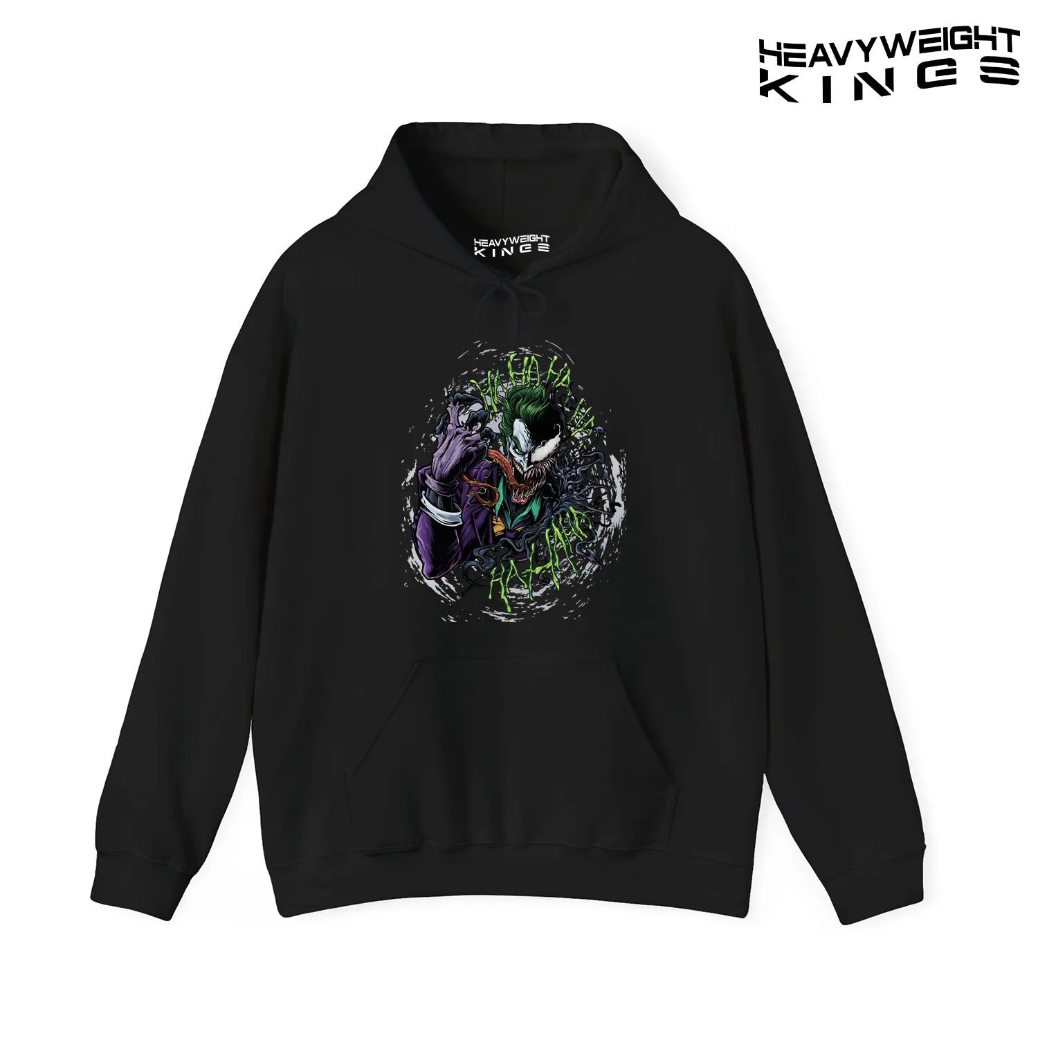 Joker Hoodie Turns into Venom Hahaha featuring a bold graphic of the Joker transforming into Venom with the phrase 'Hahaha'.